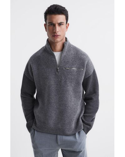 Reiss Plaza - Grey Relaxed Fit Hybrid Funnel Jumper