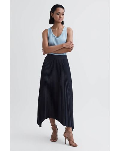Reiss Jodie - Navy Pleated Asymmetric Midi Skirt, Us 4 - Blue