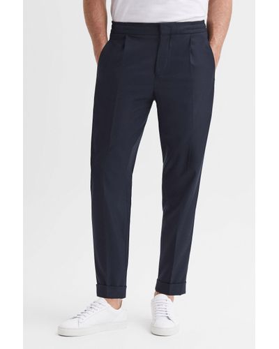 Reiss Brighton - Navy Relaxed Pleated Tapered Trousers, 38 - Blue