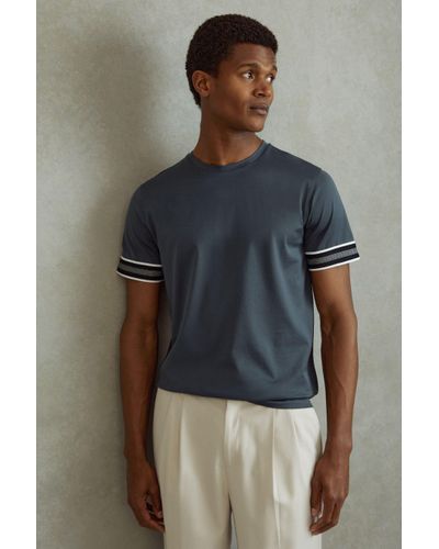 Reiss Dune - Steel Blue Mercerised Cotton Striped T-shirt, M