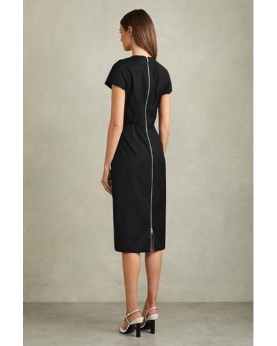Reiss Serena - Black Textured Cap Sleeve Midi Dress