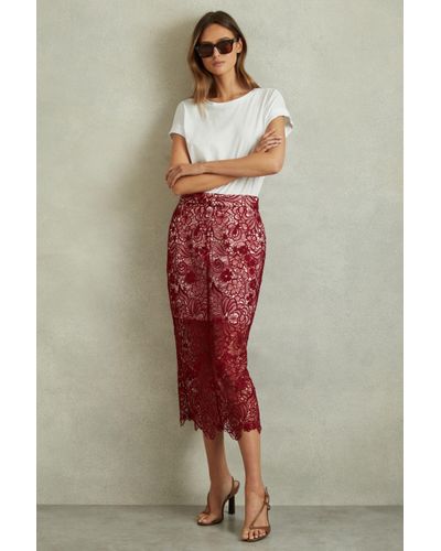 Reiss Flo - Burgundy Sheer Lace Midi Pencil Skirt - Red