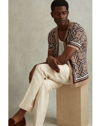 Reiss Hyde - Camel Multi Knitted Cuban Collar Shirt, M - Natural