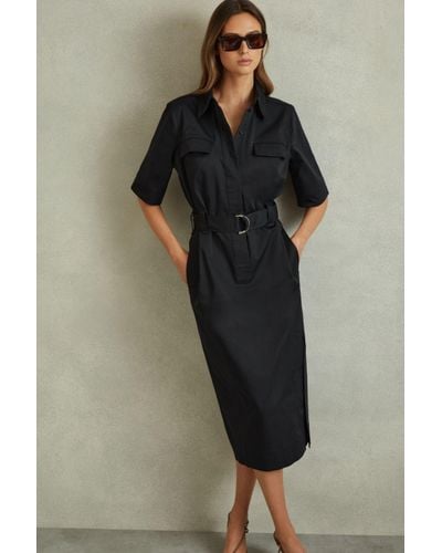 Reiss Aimie - Black Cotton Blend Utility Belted Midi Dress