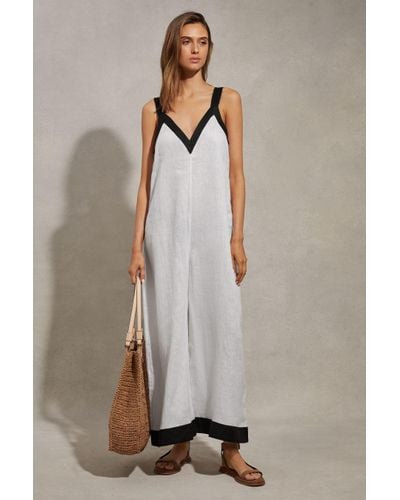 Reiss Aida - White/navy Linen Wide Leg Jumpsuit - Natural