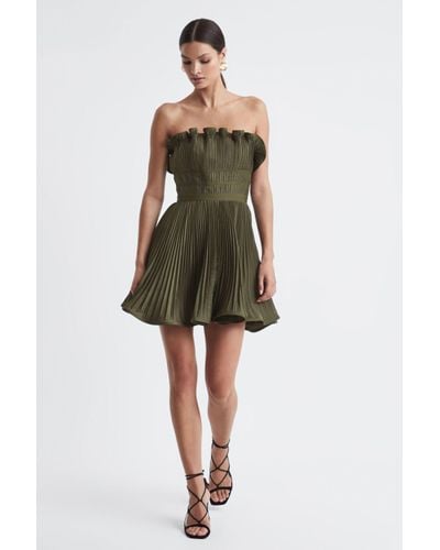 AMUR Lorena - Strapless Pleated Mini Dress, Olive - Green