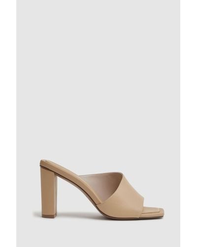 Reiss Heather - Nude Leather Block Heel Mules - Natural