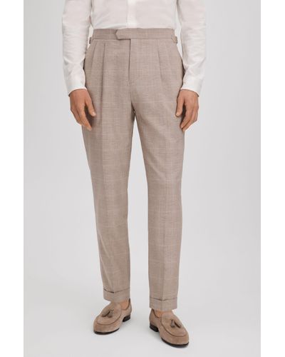 Reiss Collect - Oatmeal Slim Fit Check Adjuster Trousers With Turn-ups - Natural