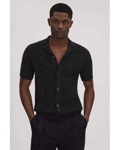 Reiss Fortune - Black Cable Knit Cuban Collar Shirt, L