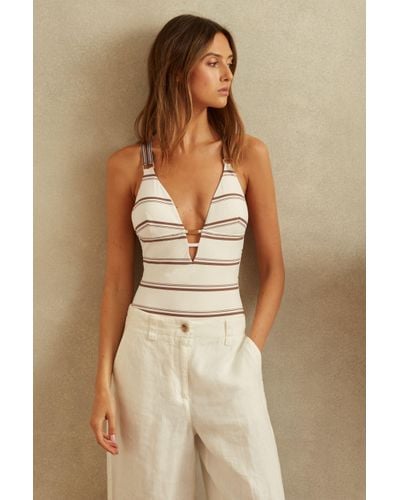 Reiss Freda - Cream/brown Striped Cross-back Swimsuit - Natural