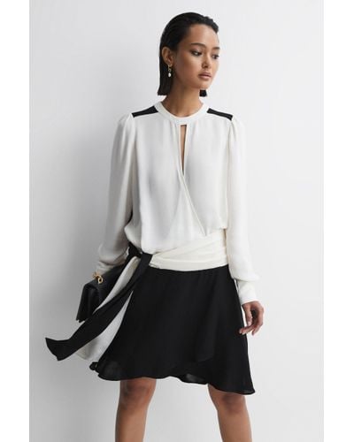 Reiss Sadie - Ivory/black Colourblock Belted Mini Dress - White