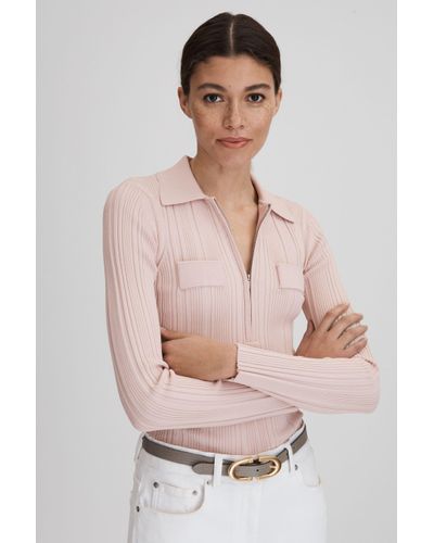 Reiss Clemmie - Nude Ribbed Half-zip Fitted Top, Xs - Pink