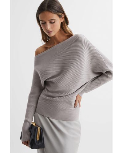 Reiss Lorna - Grey Asymmetric Drape Knitted Top