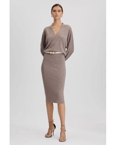 Reiss Sally - Neutral Wool Blend Midi Dress - Grey