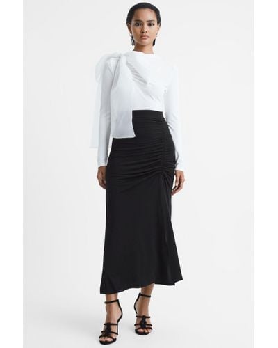Reiss Eleanor - Black High Rise Ruched Fitted Midi Skirt - White