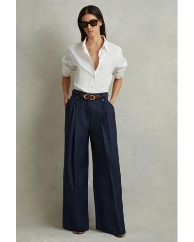 Reiss Leila - Navy Linen Front Pleat Trousers - Blue