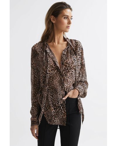 Reiss Tora - Brown Animal Print Neck Tie Blouse