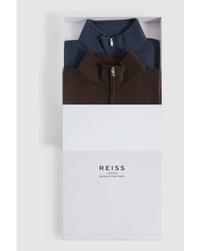 Reiss 2 - Bitter Chocolate/anthracite Blackhall Pack Two Pack Of Merino Wool Zip-neck Jumpers - Brown