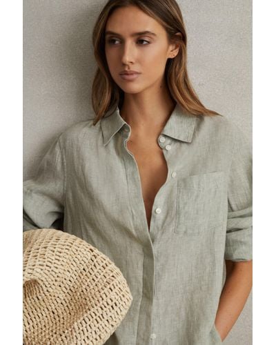 Reiss Belle - Sage Linen Button-through Shirt - Grey