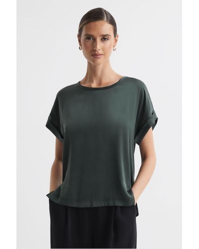 Reiss Helen - Emerald Silk Front Crew Neck T-shirt, M - Green