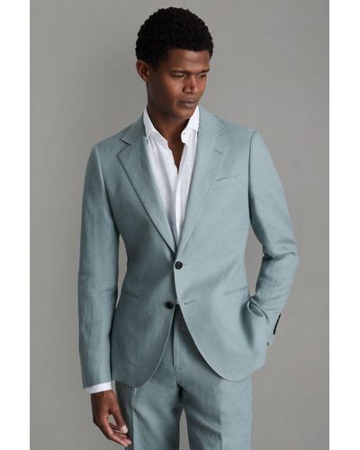 Reiss Kin - Aqua Blue Slim Fit Single Breasted Linen Blazer - Grey