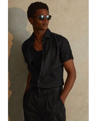 Reiss Holiday - Black Slim Fit Linen Button-through Shirt, Uk X-small