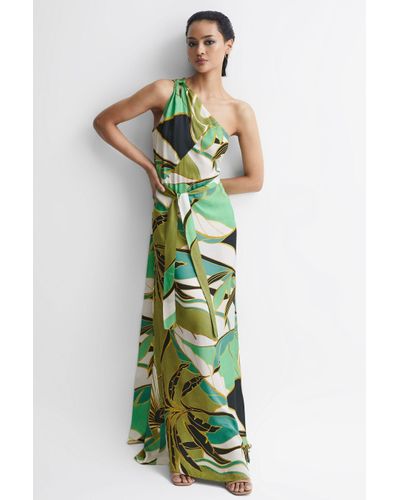 Reiss Tina Graphic-print One-shoulder Woven Maxi Dress - Green