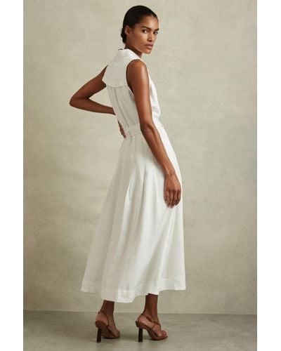 Reiss Heidi - White Viscose Linen Belted Midi Dress, Us 2 - Natural