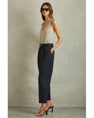 Reiss Freja - Navy Tapered Belted Trousers, Uk 4 R - Natural