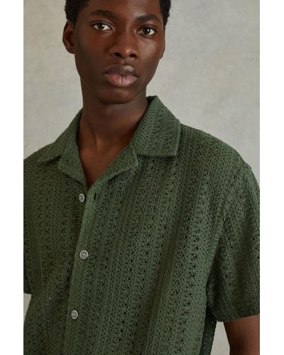 Reiss Paradise - Olive Green Cotton Crochet Cuban Collar Shirt