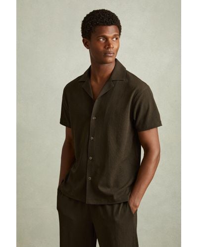 Reiss Hunt - Dark Olive Green Textured Crepe Cuban Collar Shirt - Brown