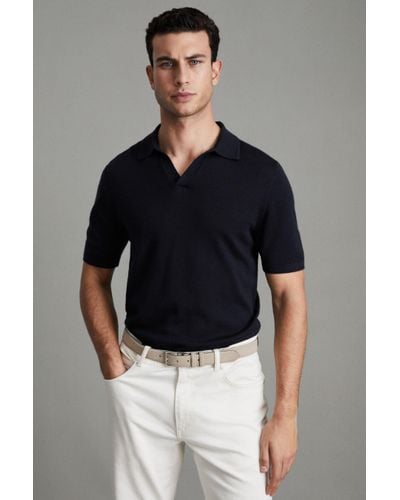 Reiss Duchie - Navy Merino Wool Open Collar Polo Shirt - Black