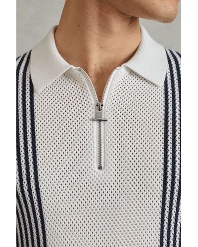 Reiss Berlin - Blue/white Open-stitch Half-zip Polo Shirt, Xl - Multicolour