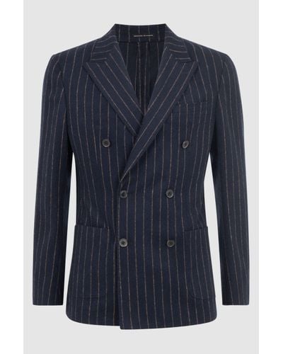 Reiss Patch - Navy Slim Fit Wool Double Breasted Pinstripe Blazer - Blue