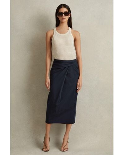 Reiss Nadia - Navy Cotton Blend Wrap Front Midi Skirt - Blue