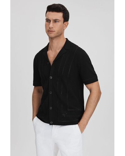 Reiss Heartwood - Black Embroidered Cuban Collar Shirt
