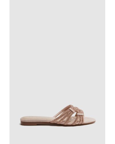 Reiss Eryn - Nude Suede Embellished Flat Sandals, Us 6.5 - Pink