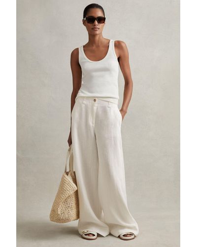 Reiss Demi - White Linen Wide Leg Garment Dyed Trousers - Natural