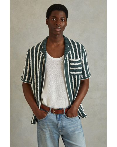Reiss Spritz - Green/white Oversized Crochet Striped Cuban Collar Shirt - Grey