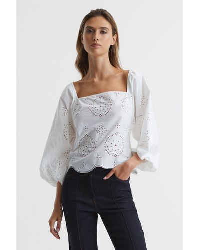 Reiss Becci - White Embroidered Blouse, Us 14 - Grey