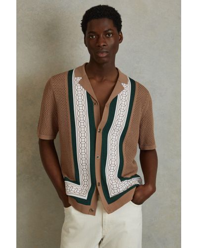 Reiss Jensen - Camel/green Embroidered Cuban Collar Shirt, Xl