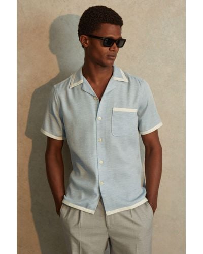 Reiss Vita - Soft Blue/white Contrast Trim Cuban Collar Shirt - Green