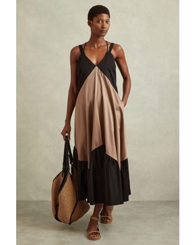 Reiss Natalie - Brown/black Cotton Colourblock Flounced Midi Dress - Natural