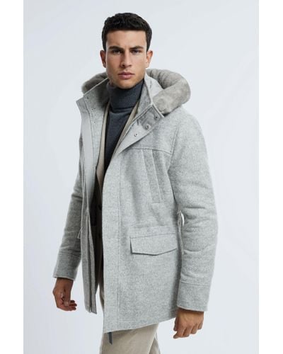ATELIER Wool Blend Removable Faux Fur Hooded Coat - Grey
