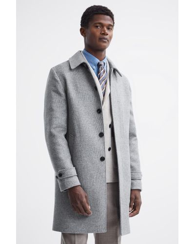 Reiss Bark - Soft Grey Wool Blend Check Epsom Overcoat