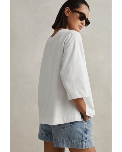 Reiss Cassie - White Oversized Cotton Crew Neck T-shirt - Grey