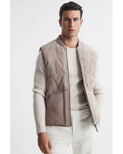 Reiss Cobar - Taupe Suede Quilted Sleeveless Gilet - Brown