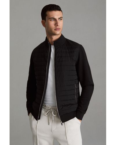 Reiss Flintoff - Black Hybrid Quilt And Knit Zip-through Jacket - Grey