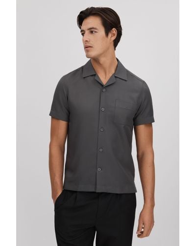 Reiss Tokyo - Charcoal Cuban Collar Button-through Shirt - Grey