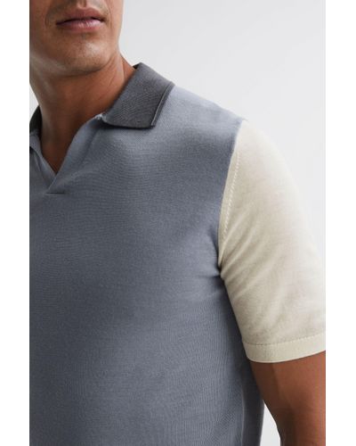 Reiss Stoneleigh - Porcelain Blue Wool Open Collar Polo Shirt, M - Grey